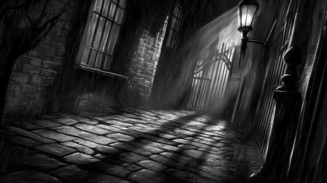 A dark, rainy alleyway scene with a lamp post, gate, and cobblestone street. The image is in black and white, creating a moody atmosphere.