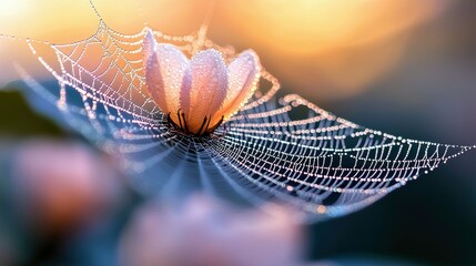 A close-up shot of a delicate flower resting on a spiderweb, covered in glistening dew drops, bathed in soft, natural light.