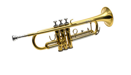 Obraz premium Gleaming golden trumpet instrument isolated on a black backdrop