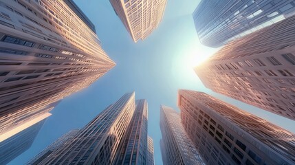 Low angle view of modern skyscrapers reaching towards a bright blue sky on a sunny day. The perspective emphasizes the height and architectural design.