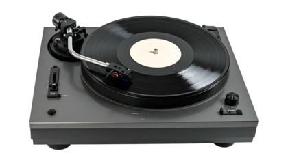 Turntable spins vinyl record, needle ready to play music