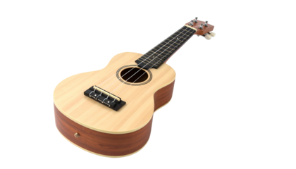 Light wood ukulele, strings, fretboard, on dark background