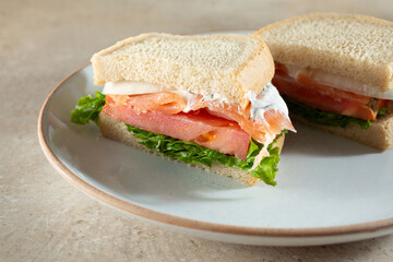 A view of a gluten-free, dairy-free smoked salmon sandwich.