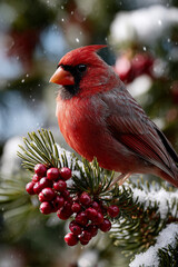 Small red cardinal perched on snowy winter branches with bright red berries create. Realistic wildlife photography captures birds feeding in frosted woodland habitat