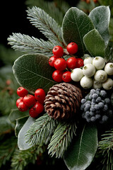 Traditional Christmas decoration arrangement features red berries, pine cones, and evergreen holly leaves in elegant centerpiece. Natural botanical still life photography with a festive holiday spirit