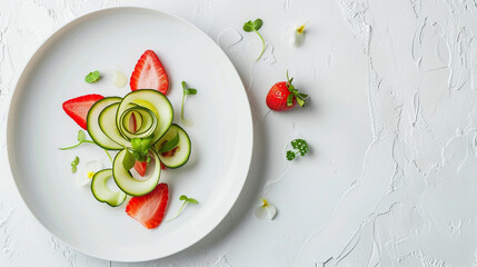 A top vew of summer salad features crisp cucumber curls, strawberries, and edible petals. The minimalist plating and balanced colors create a serene, contemporary aesthetic perfect for editorial use