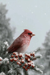 Small red cardinal perched on snowy winter branches with bright red berries create. Realistic wildlife photography captures birds feeding in frosted woodland habitat