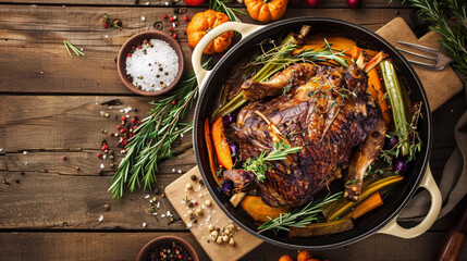 This detailed image captures slow-cooked lamb infused with herbs and rosemary. The hearty stew sits on a wooden table, radiating warmth and comfort. A delicious showcase of rustic culinary craft