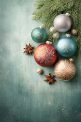 Elegant holiday artwork features Christmas balls with snowflakes and elements of Christmas decorations arranged in a clean, minimal composition.