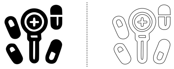 Medicine Search Icon Set – Magnifying Glass with Pills in Bold and Outline Style for Drug Analysis, Pharmaceutical Research, Medication Inspection, and Healthcare Diagnostics
