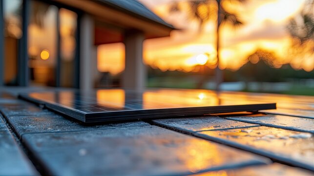 A solar panel rests on a table, reflecting the warm colors of a sunset. The scene is set outdoors with a blurred background.