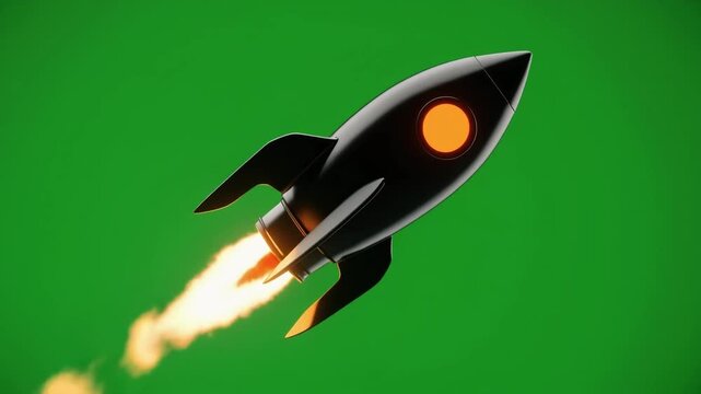 A stylized black rocket with an orange glowing window launching upwards with a fiery exhaust trail against a green screen background.