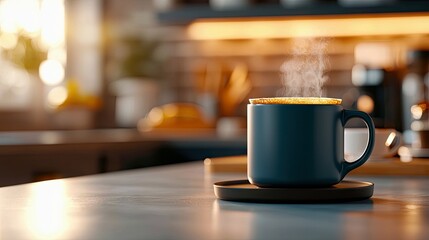 A close-up shot of a steaming coffee mug on a coaster, placed on a kitchen countertop. The background is blurred, showing a warm and inviting kitchen setting.