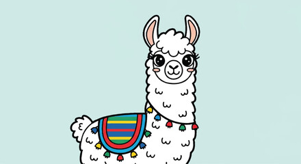 Fototapeta premium Cute cartoon llama with colorful saddle and tassels.