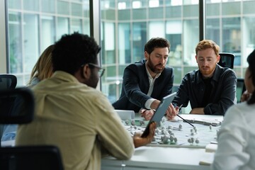 CEO pointing on residential model area and telling to architects