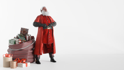 Santa Claus with Gift Bag and Christmas Presents on White Background