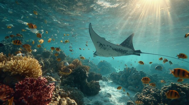 Manta ray stingray gliding underwater through vibrant coral reef with sunlit ocean waters and colorful tropical fish