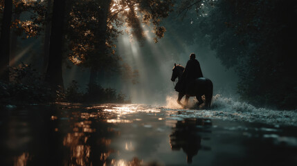 Silhouetted rider crossing misty forest stream at dawn with sunlight rays