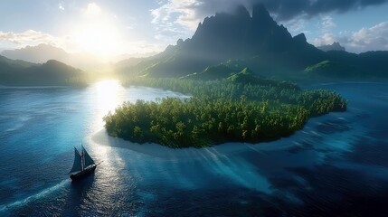 A sailboat sails near a tropical island with lush green vegetation, mountains, and clear blue water at sunrise.