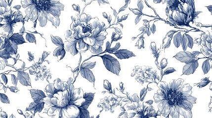 vintage navy botanical toile pattern with elegant hand drawn floral line art