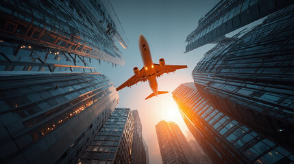 Airplane soaring through skyscrapers at sunset, plane flying over a cityscape with modern buildings, business and travel concept