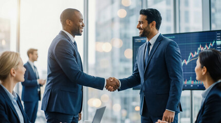 Executives shake hands to finalize an agreement during a boardroom meeting with a financial chart displayed.