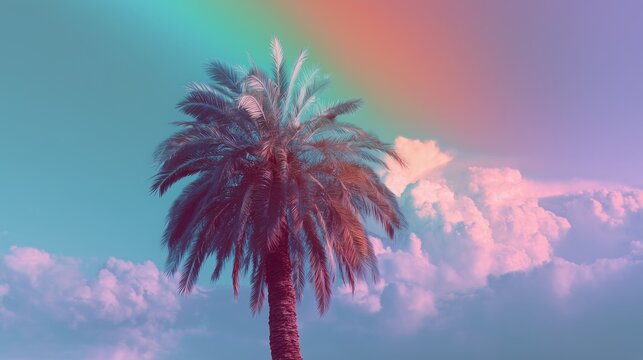 aesthetic palm tree wallpaper with dreamy rainbow sky digital art style - Powered by Adobe
