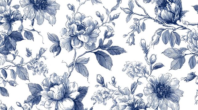 vintage navy botanical toile pattern with elegant hand drawn floral line art - Powered by Adobe