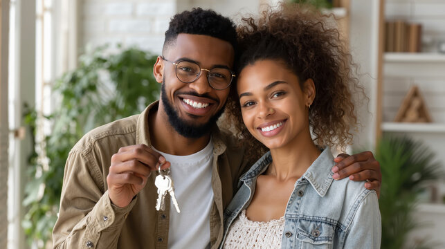 Happy african couple celebrating new home with keys in bright living room - Powered by Adobe