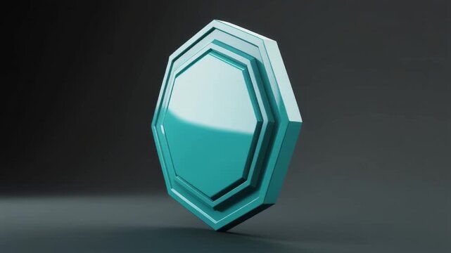 A glossy turquoise hexagonal shield emblem, a symbol of protection and security, standing on a dark reflective surface.
