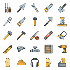 Collection of construction and DIY tools and safety equipment.