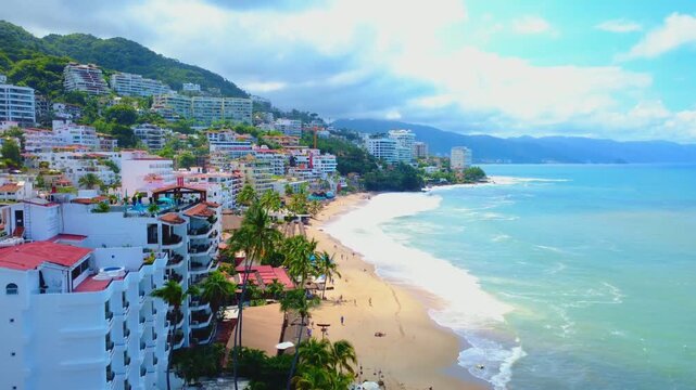 Aerial Drone View of Playa de los Muertos Beach and Pier Puerto Vallarta Mexico #1