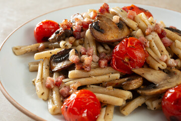 A closeup view of a gluten-free casarecce entree.