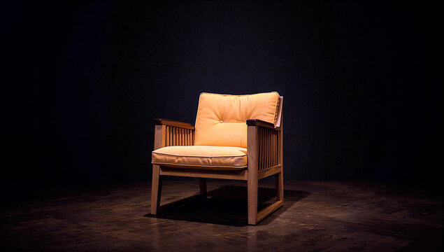 Unique chair in a dark atmospheric setting with warm glow