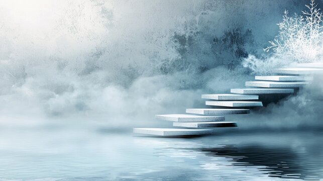 A white staircase rises from water, leading upwards into a misty, wintery scene with a frosted background and a touch of light.