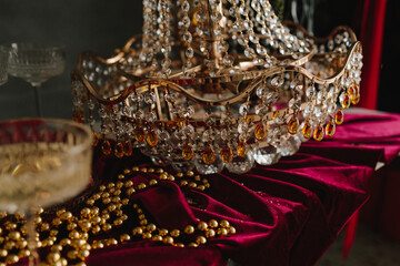 Sparkling champagne on Christmas table with crystal and candlelight.