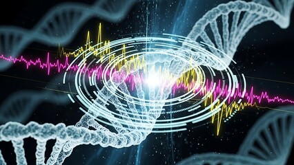 DNA strands with energy waves and circular patterns illustration.
