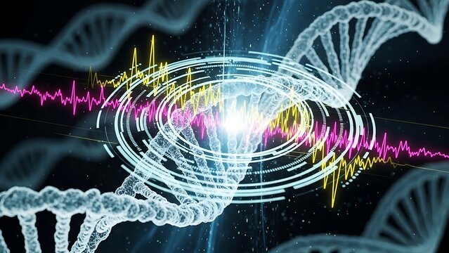 DNA strands with energy waves and circular patterns illustration.