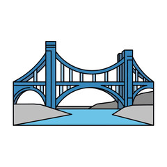 Stylized blue arch bridge vector illustration over a river.