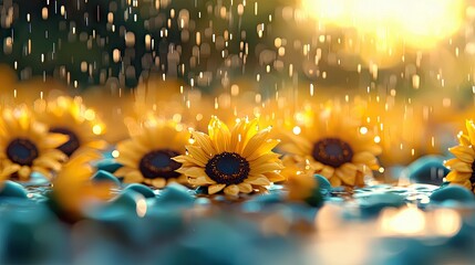 Close-up of sunflowers floating on water, with raindrops falling against a blurred background and a warm, golden glow.