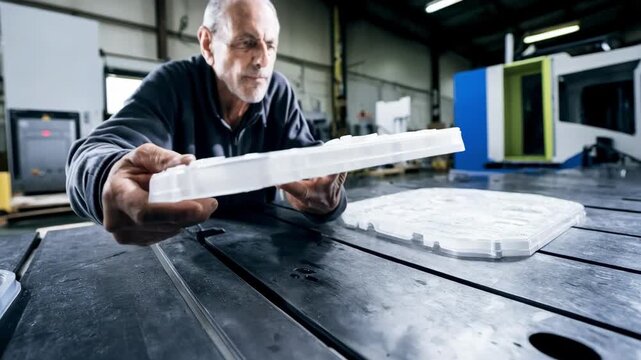 Technician examining a simplified mold shape with ergonomic adjustments aiming to minimize material usage while maintaining structural strength.