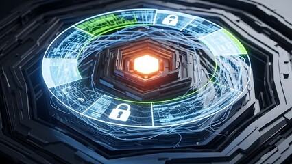 Futuristic security system with glowing lock icons and network.