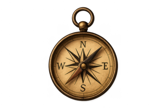 Vintage brass compass navigating direction and discovery