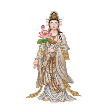 Buddhist Bodhisattva Kuan Yin Guanyin Standing Holding Pink Lotus Flower PNG Oil Paint