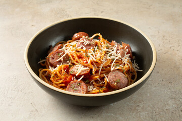 A view of a bowl of gluten-free, dairy-free spaghetti and sausage.
