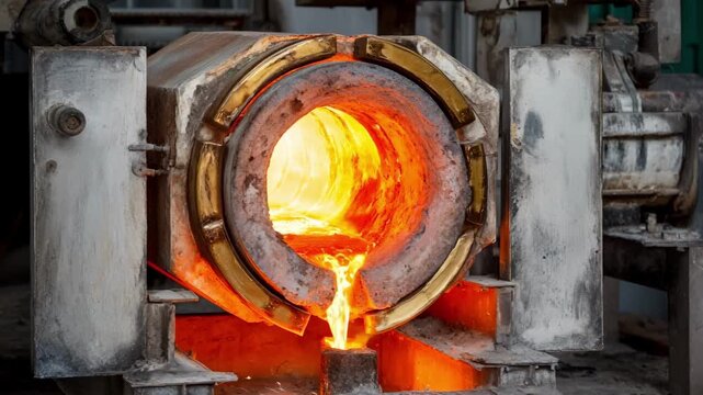 Medium shot of a medium frequency induction melting furnace in operation showcasing efficient metal melting with electromagnetic coil and glowing molten metal inside.