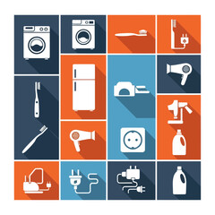 Household Appliances and Personal Care Items Flat Icons Set.
