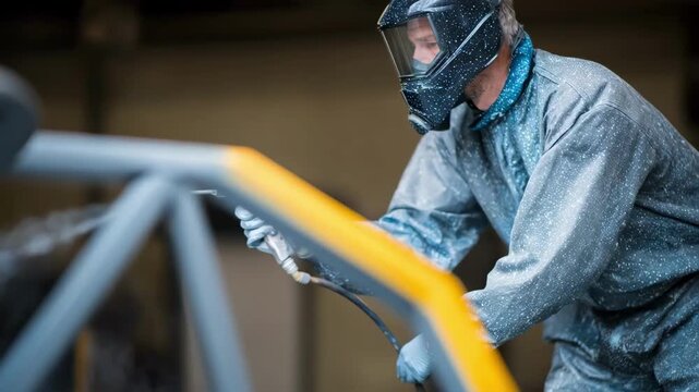 Skilled technician performing electrostatic spray painting on a metal frame emphasizing efficient paint adhesion and enhanced surface durability in an industrial setting.