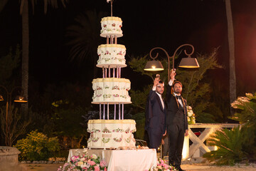Grooms Celebrate Their love by Toasting Next to a Grand Wedding Cake