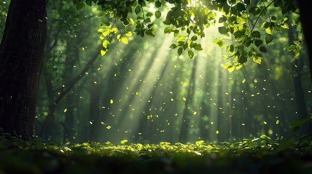A beautiful forest scene with sunlight streaming through the trees, creating a serene and peaceful atmosphere.